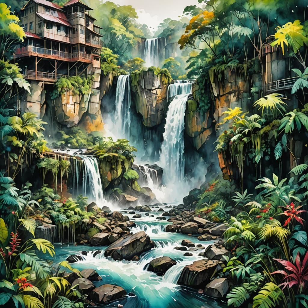 Impressive Jungle Waterfall in Watercolor Sketch Style