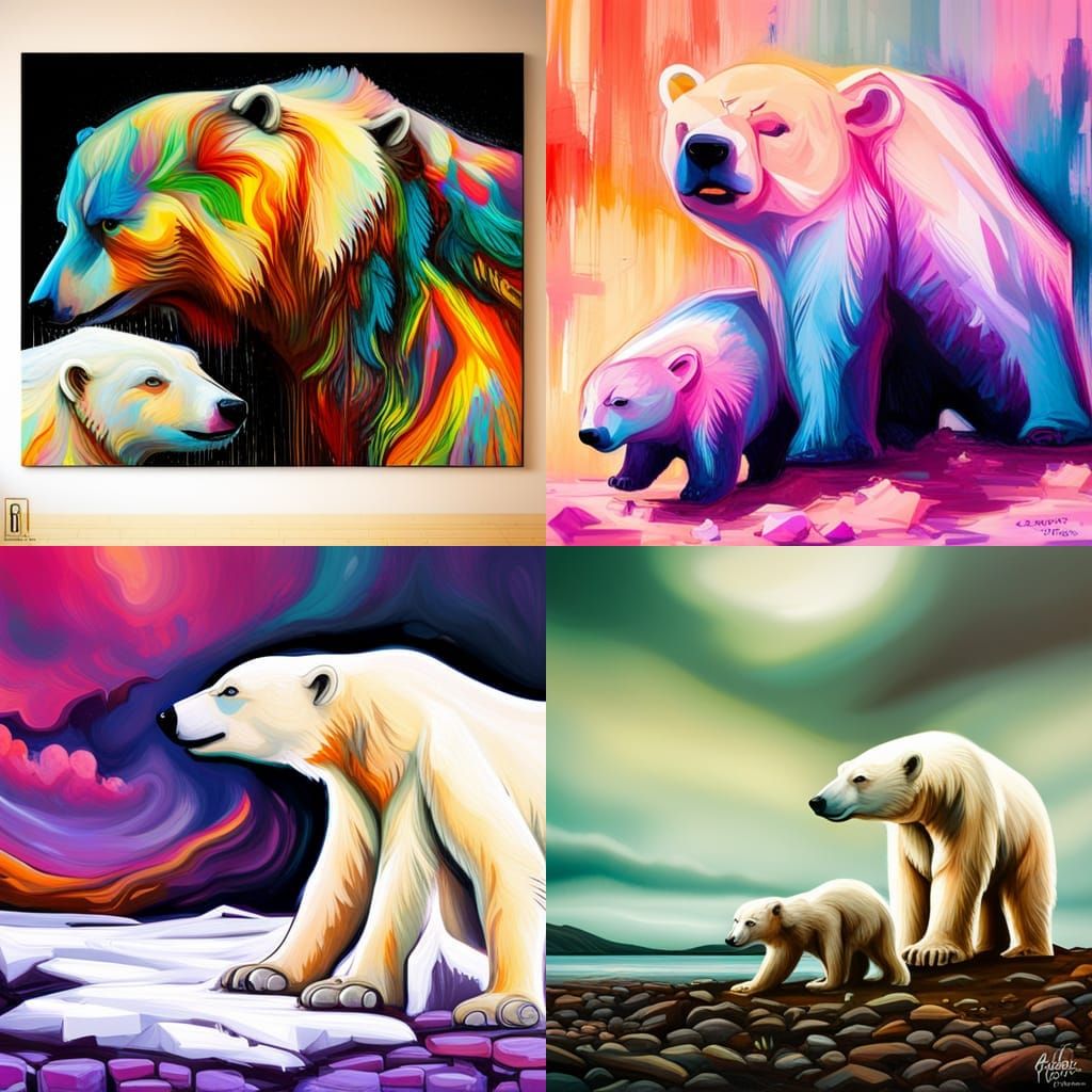 Polar Bear Family in Iceland: Graffiti Art Style