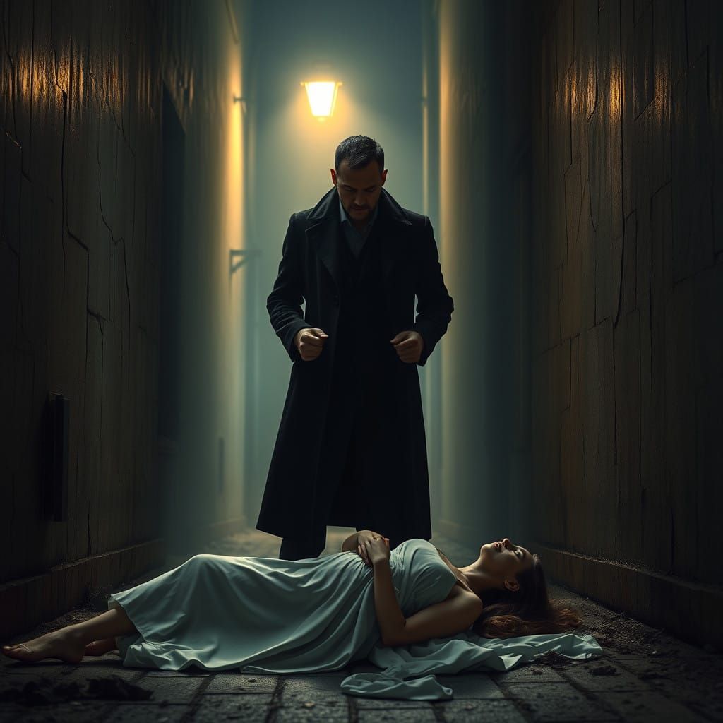 Tragic Figure Stands Over Lifeless Love in Abandoned Alleywa...
