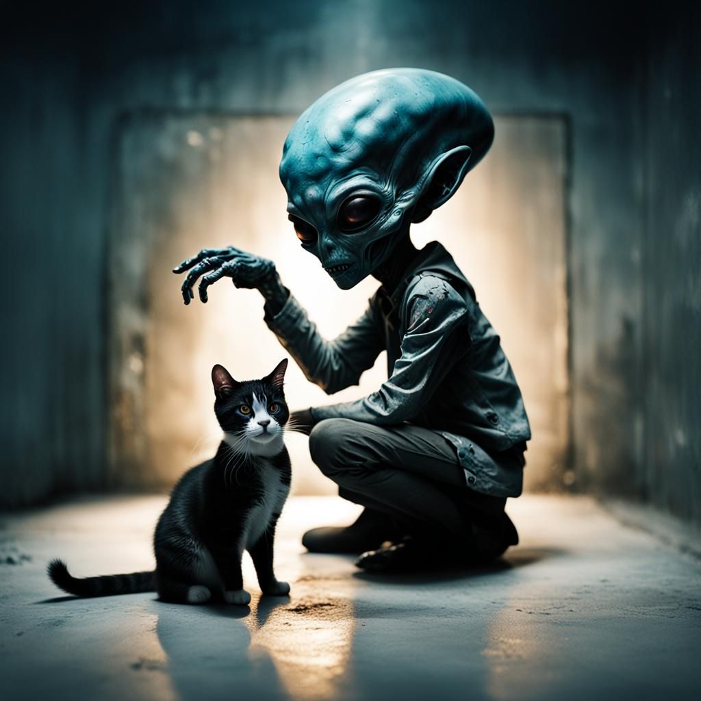 Alien and Cat Portrait in Dark Fantasy Style