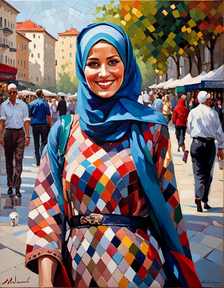 Woman in Hijab Walking in City, Oil Painting