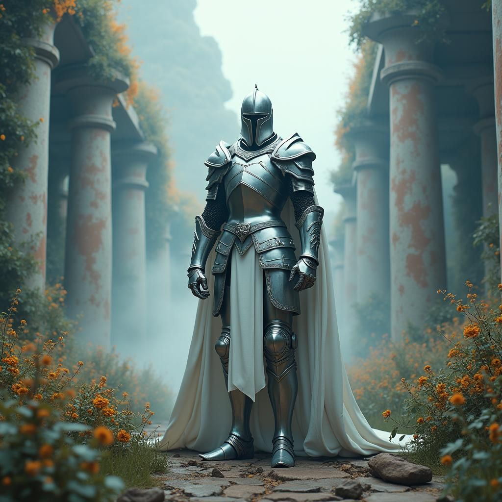 Regal Knight in Silver Armor in Mystical Realm