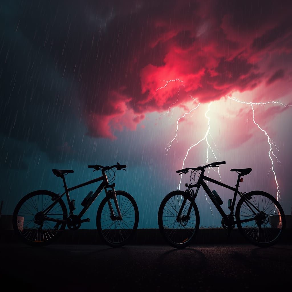 Intense Red and Blue Storm with Four Bicycles in Front, in a...