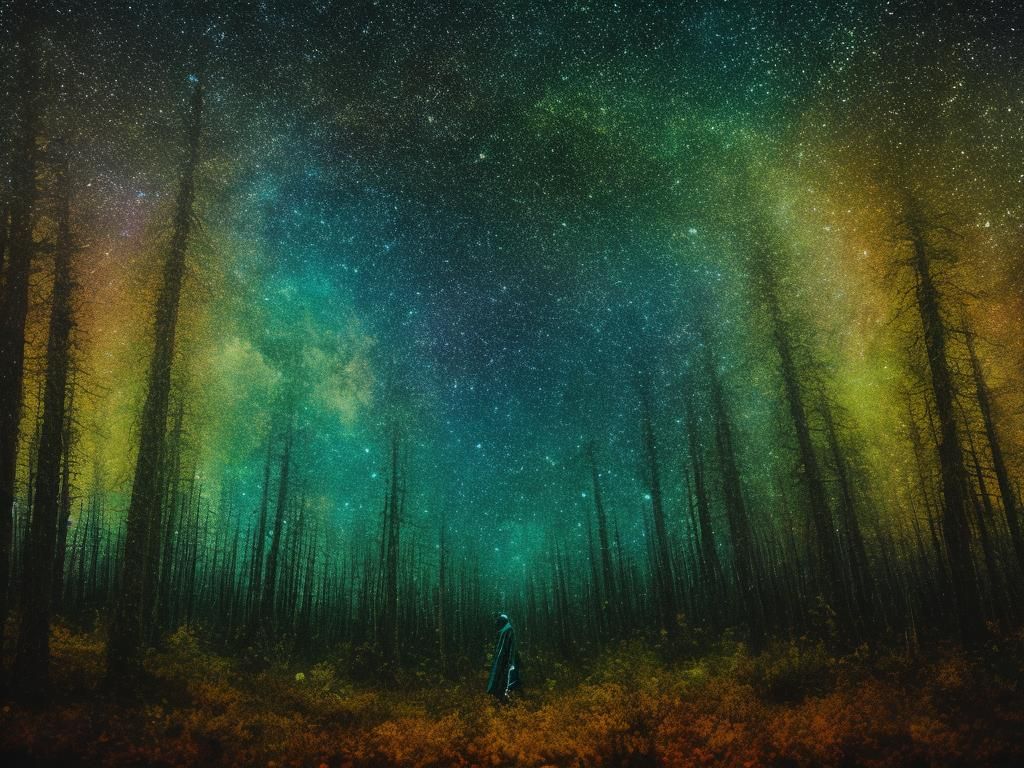 Abstract Portrait: Celestial Forest Cosmos in Film Grain