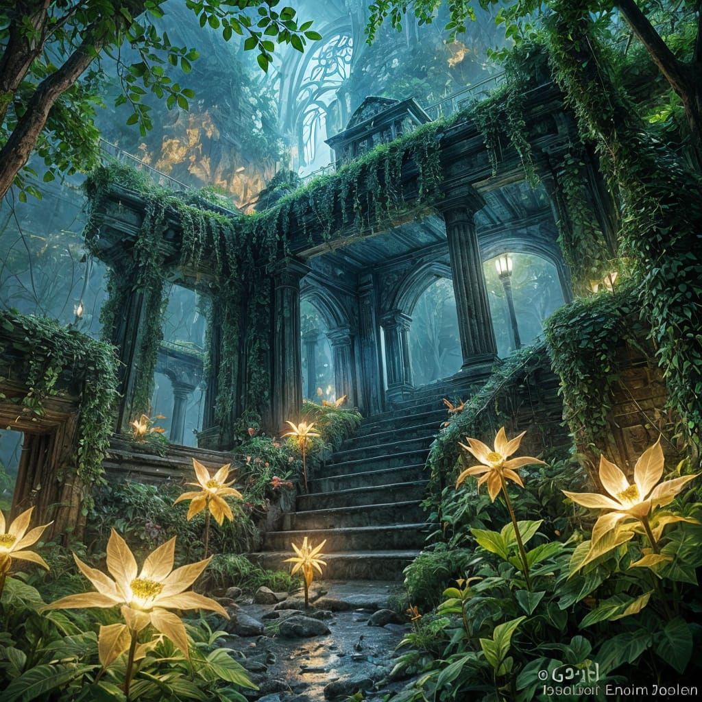 Enchanted Ruins With Glowing Bioluminescent Ivy and Flowers