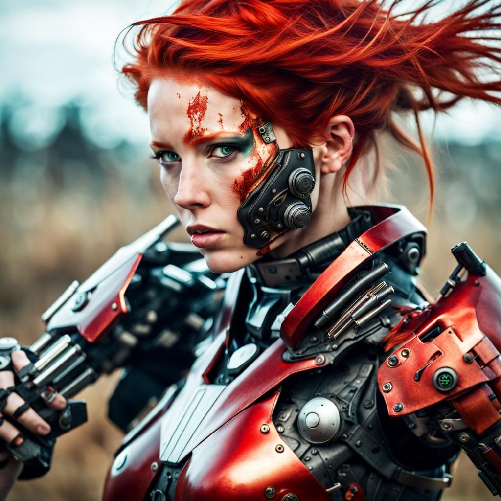 Cyborg Woman Battles on a Futuristic Battlefield