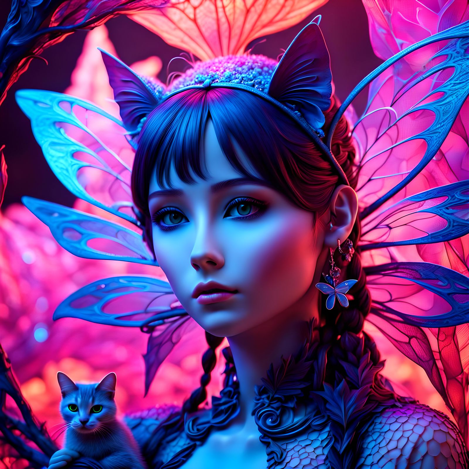 3D mesh array textured organic material forming fantasy fairy and her cat, neon colors, abstract background, hyperdetail...