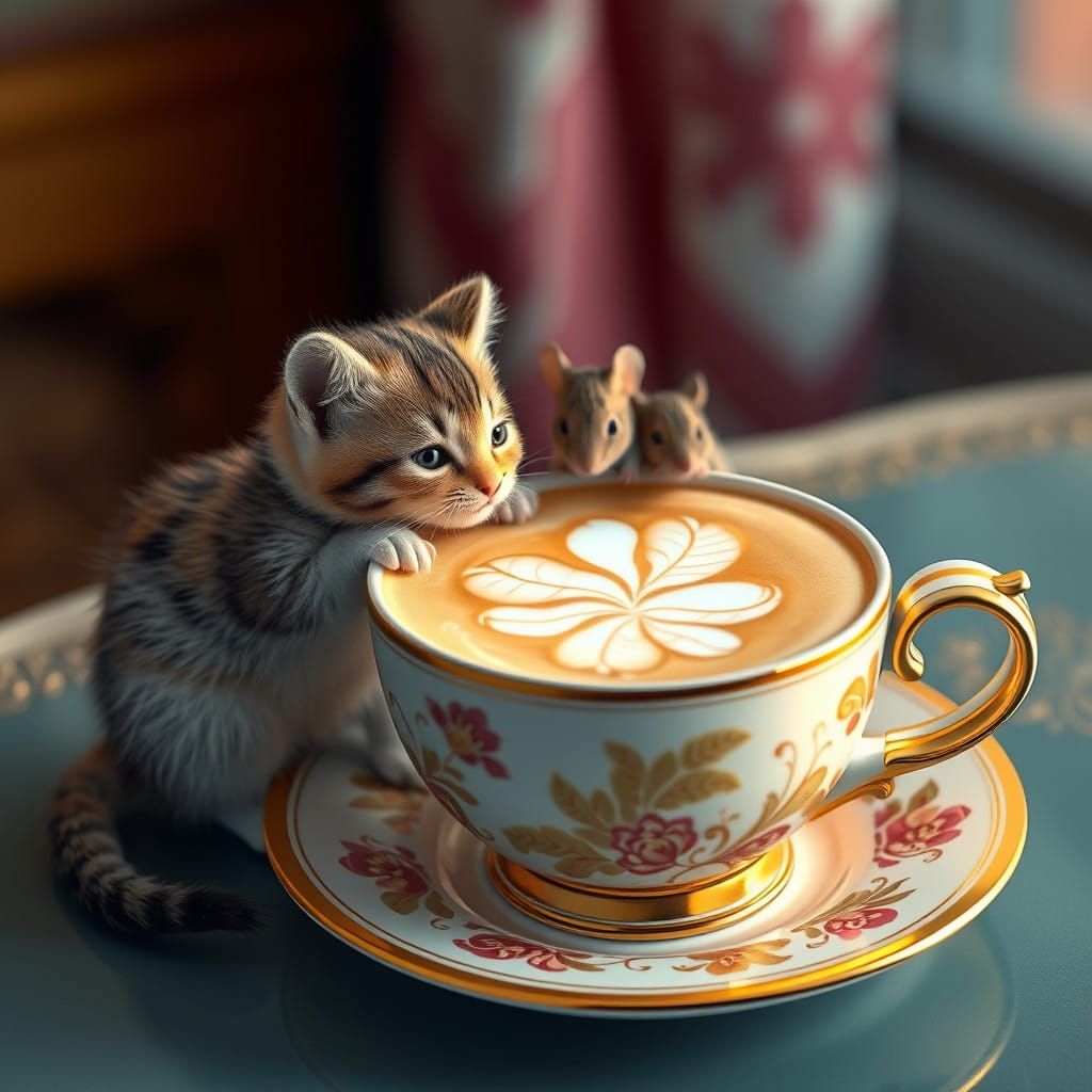 Cute Feline Duo Sip Cappuccino in Morning Light