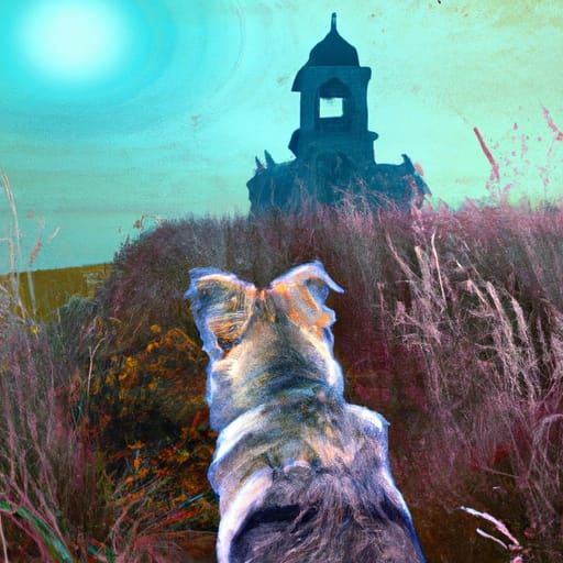 Mystical Hillside Puppy Contemplates Ancient Church Ruins
