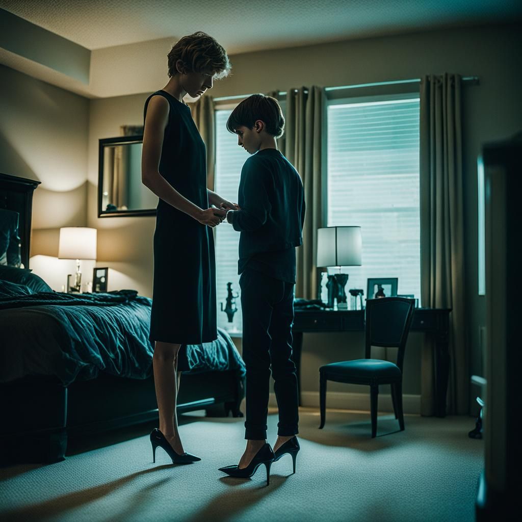 Cinematic Still: Boy with Black High Heel Stilettos