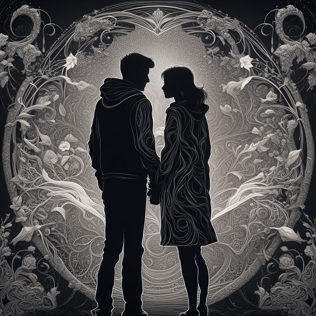 Minimalist White Line Art: Loving Couple on Black