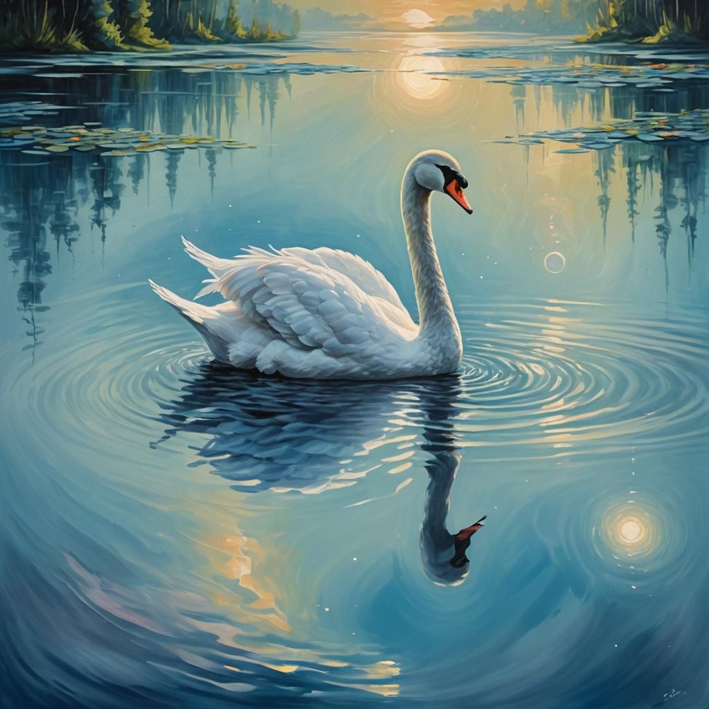 Swan on Lake Under Blue Moon in Impressionist Style