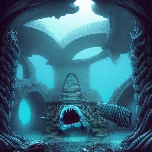 Hyper-Realistic Demon Mermaid in Underwater Ruins
