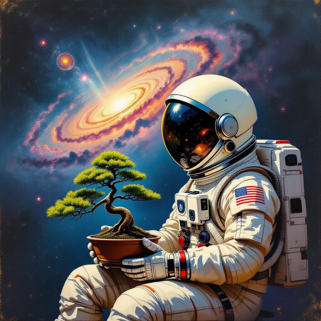 Astronaut Tends Bonsai in Space, Vintage Sci-Fi Style