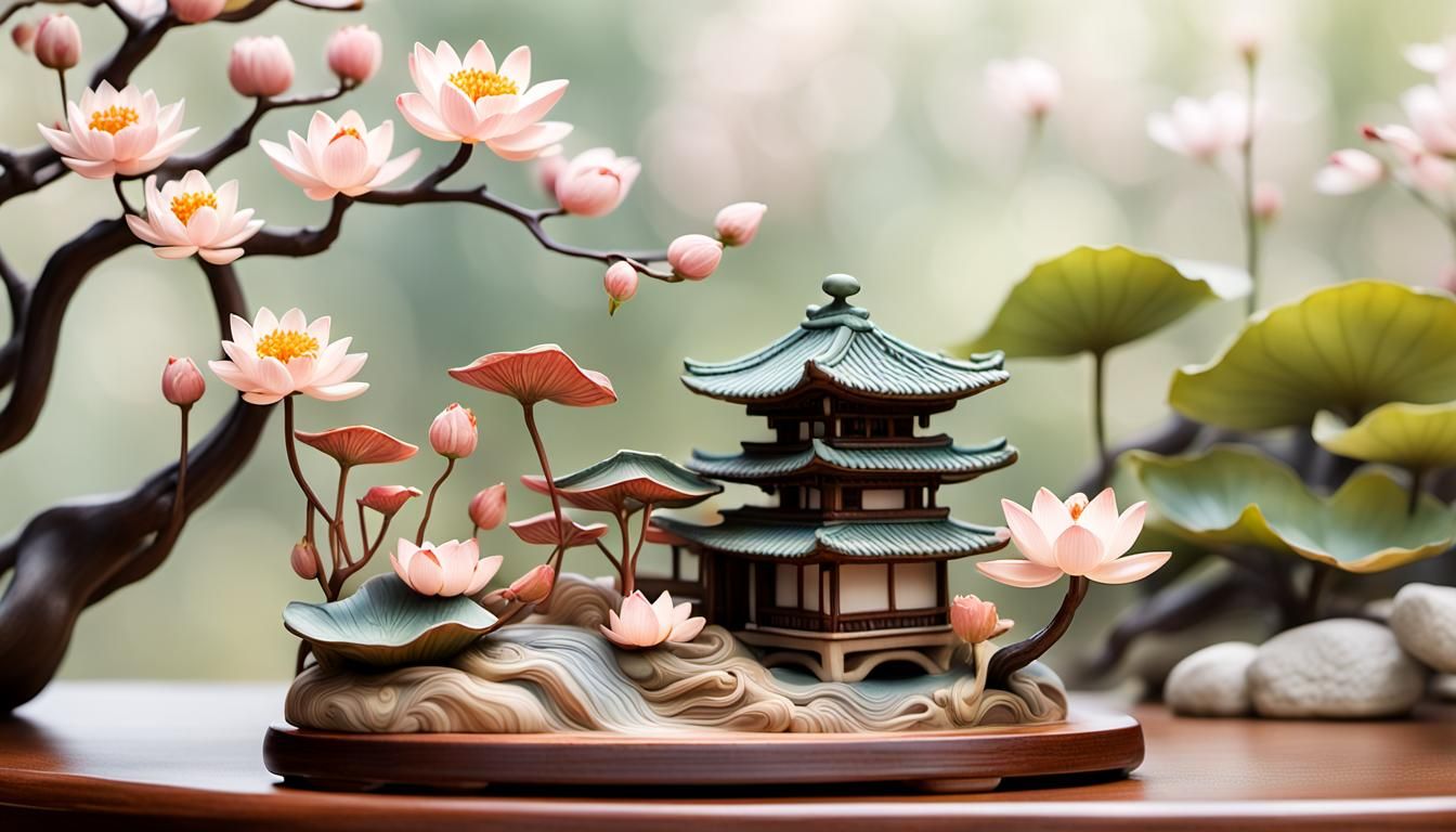 Surreal Netsuke Sculpture in Japanese Garden Setting