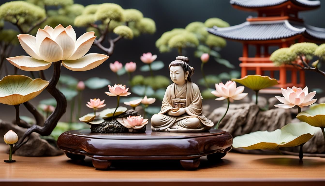 Netsuke Sculpture with Lotus Flower and Japanese Garden