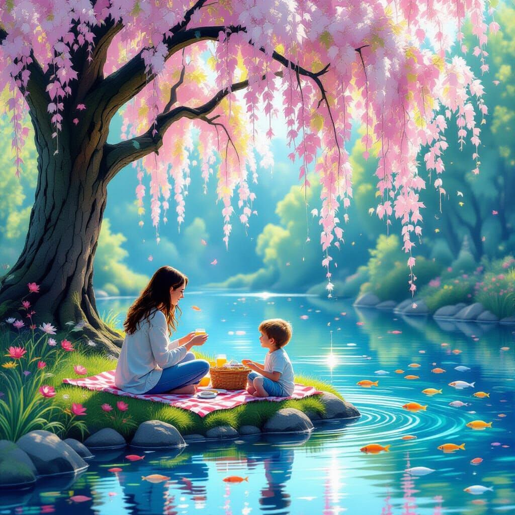 Joyful Mother Son Picnic Under Astral Willow Tree