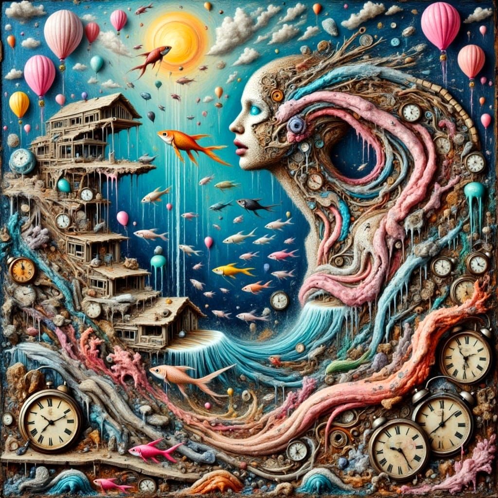 Surreal Underwater Tapestry in Mixed Media Style