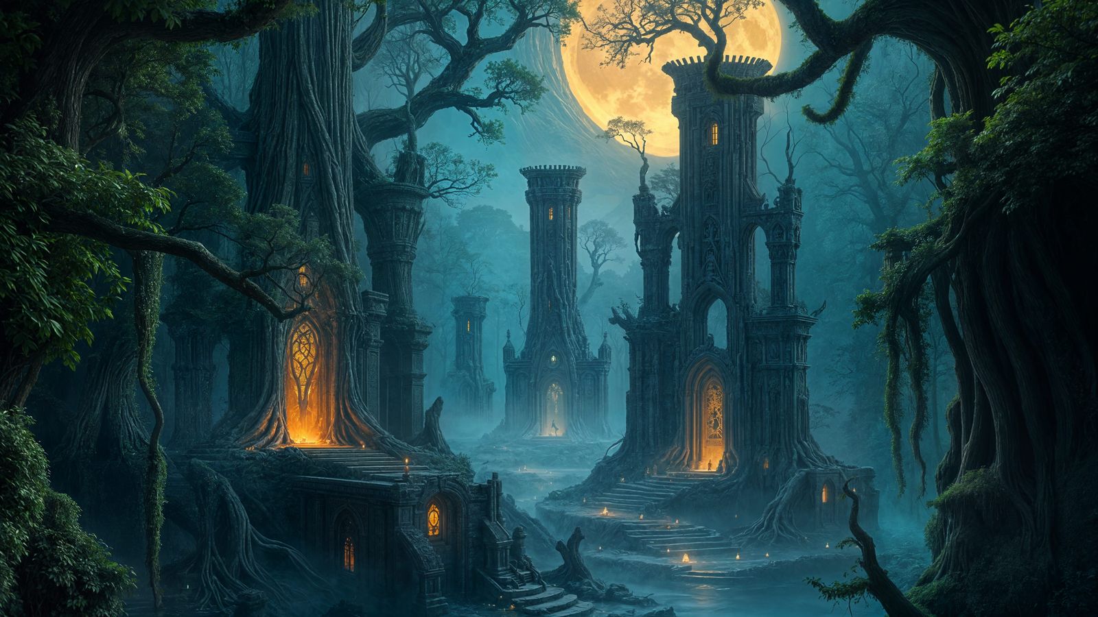 Mystical Forest City Ruins in Enchanted Atmosphere