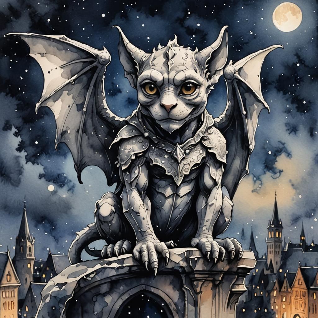 Cute Gargoyle Ink Sketch Against Night Sky