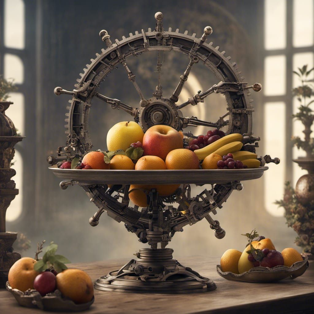 Envision a clockwork-inspired fruit bowl, where gears and mechanical contraptions intermingle with fruits, portraying th...