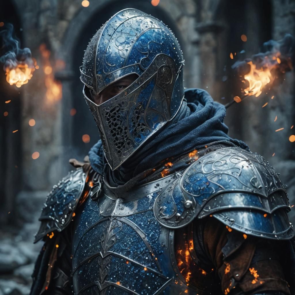 Armored Knight in Fiery Battle, Photorealistic Portrait