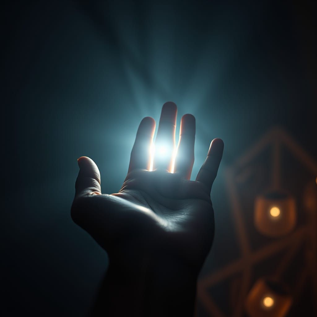 Hand Illuminated by Ethereal Glow in a Dark Art Studio