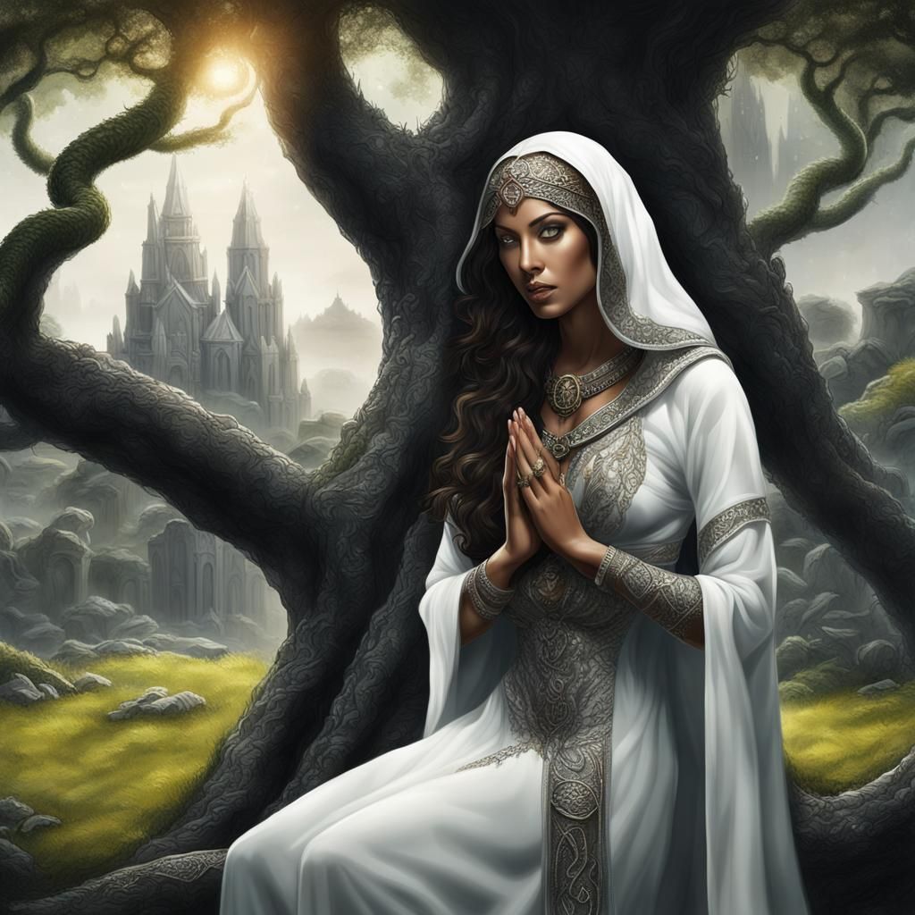 Praying Woman Watched by Snake in Celtic Garden