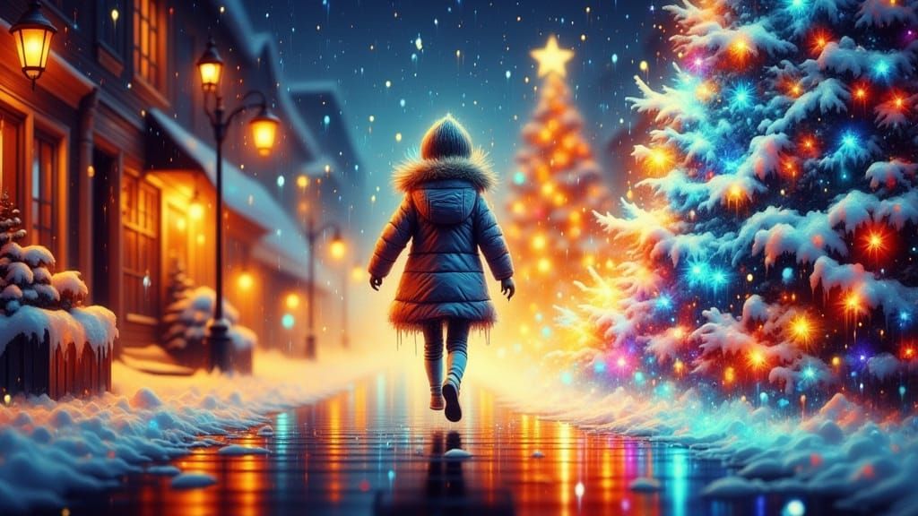 Child's Joyful Run Past Christmas Tree with Glowing Motion B...