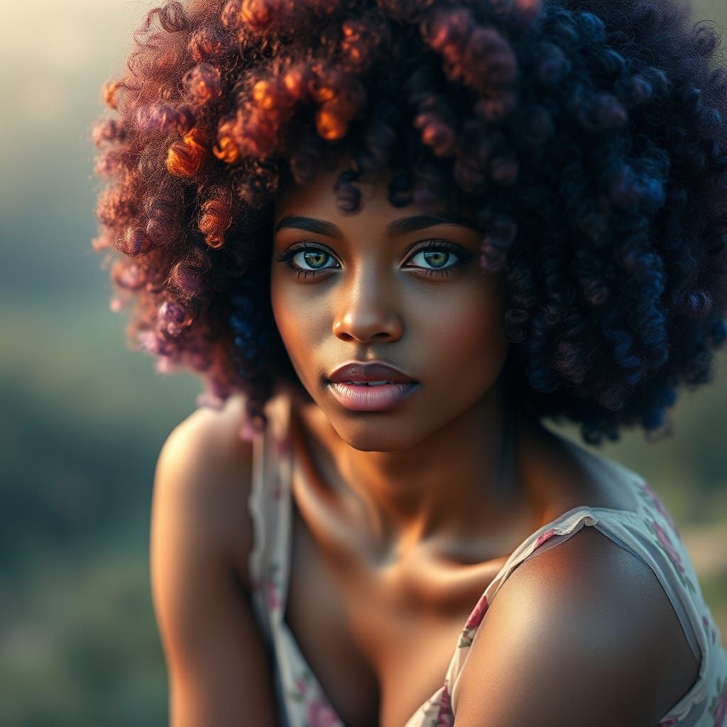 Woman with Multicolored Afro in Impressionist Style