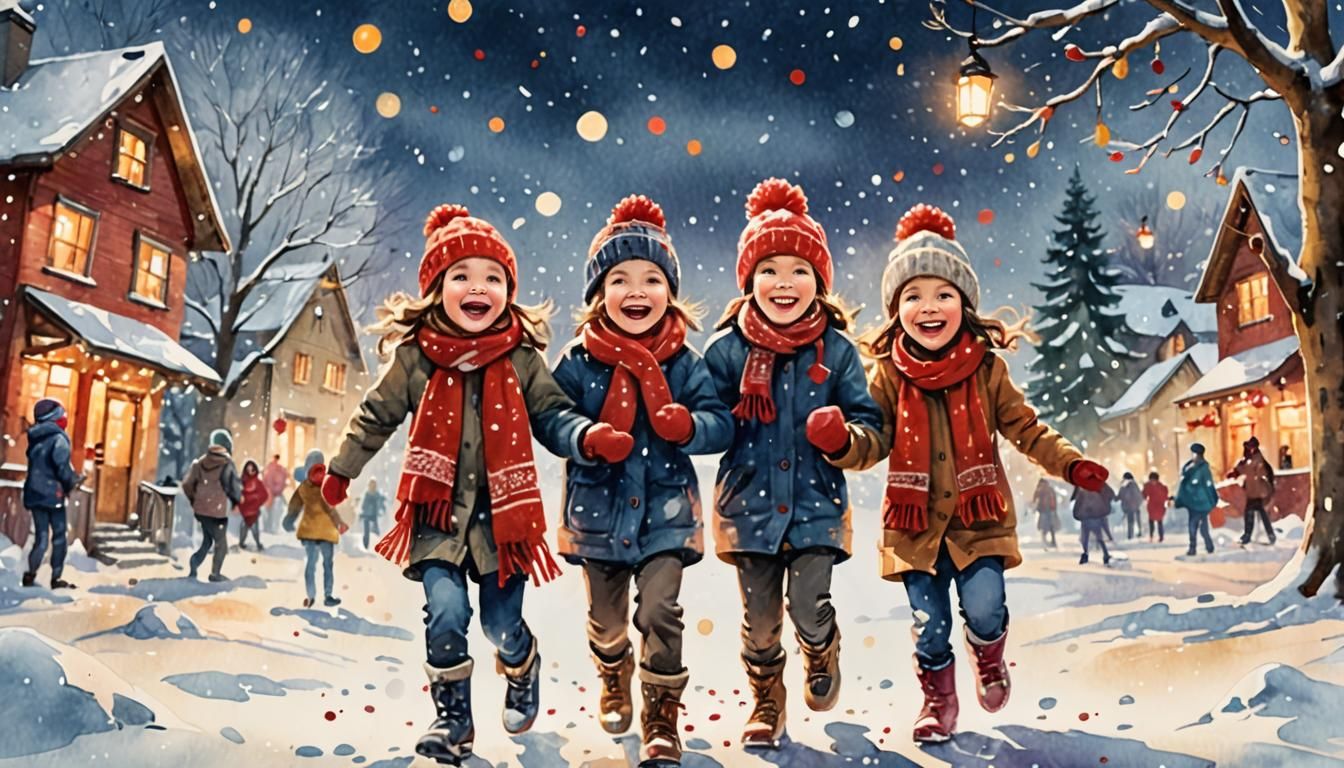 Happy Children Play in Winter Wonderland Watercolor