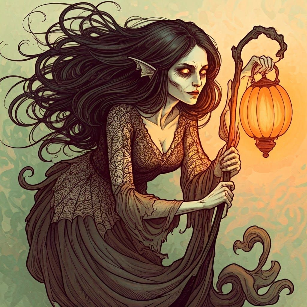 Eerie Mermaid Witch Casts Spell: Art Nouveau Style
