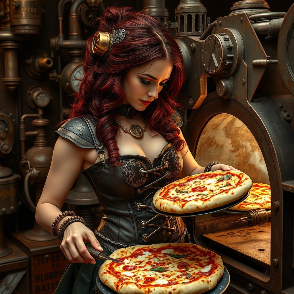 Steampunk Pizza Maker in Vintage Sci-Fi Setting