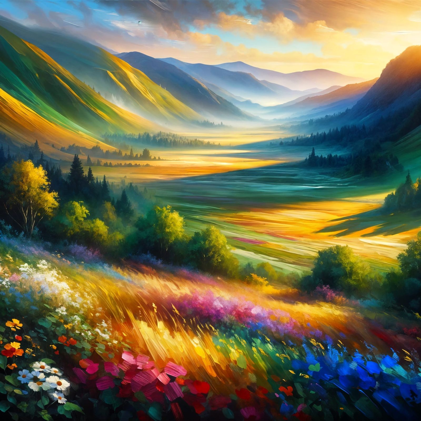 Sunlit Valley of Wildflowers in Impressionistic Style