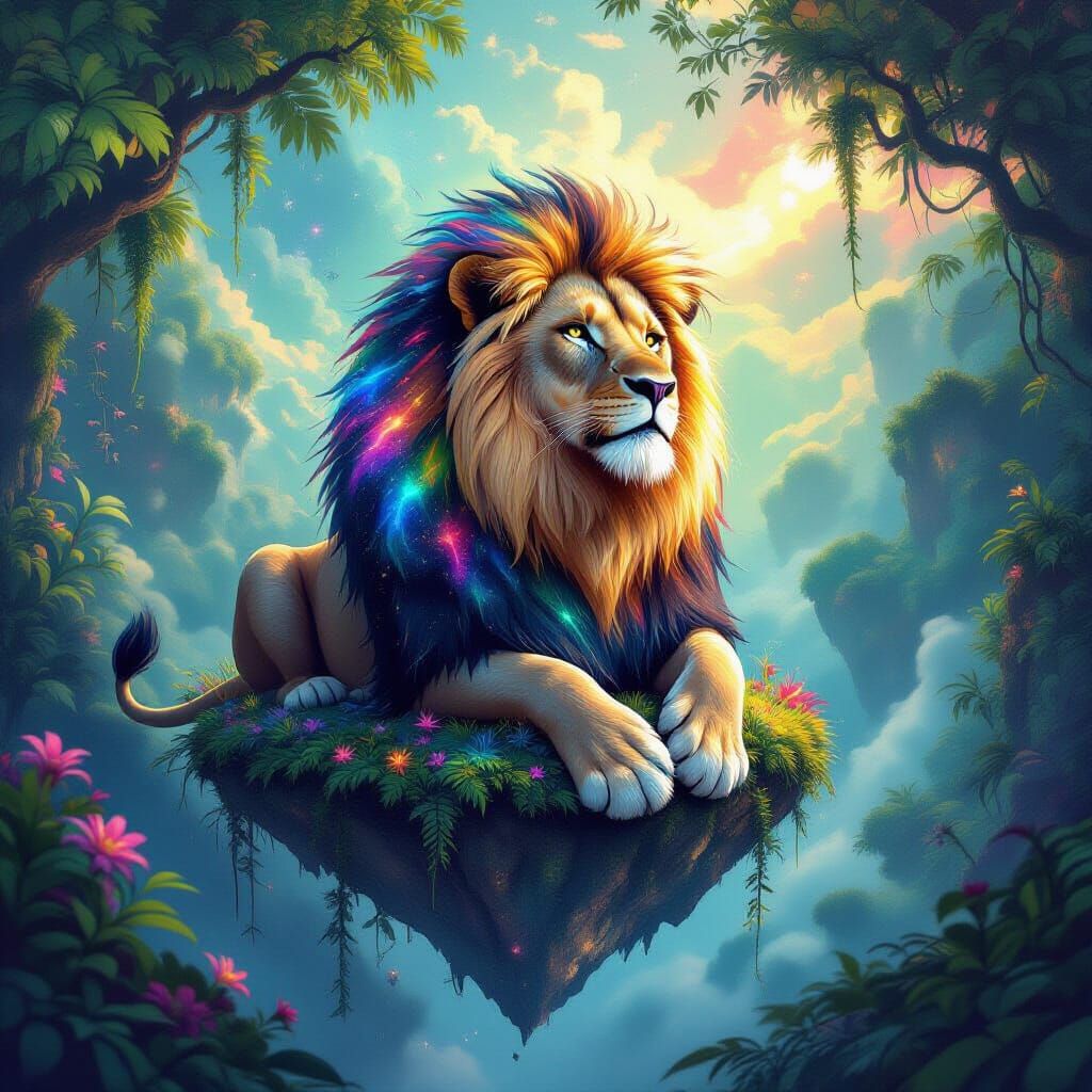 Cosmic Lion on Floating Island in Alien Jungle