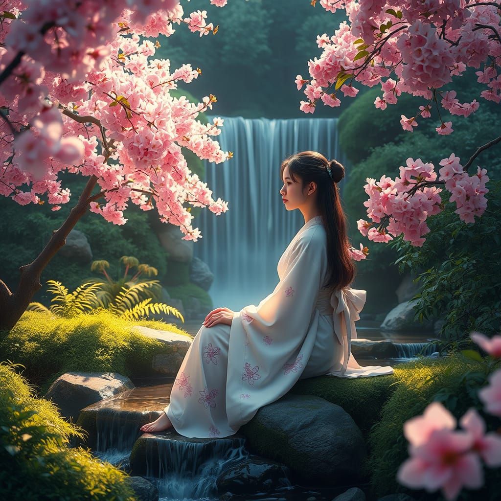 Ethereal Sakura Goddess Bathes in Serene Cherry Blossom Para...