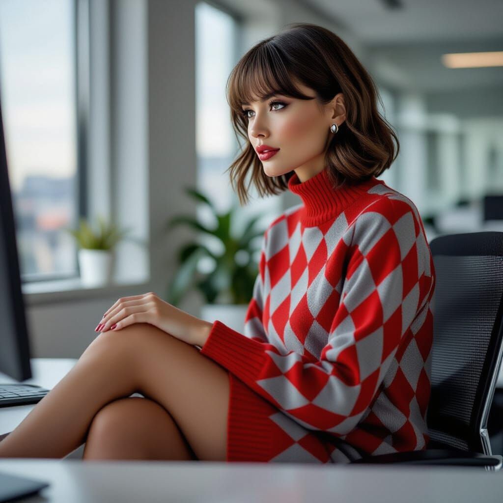 Woman in Argyle Sweaterdress at Office Desk