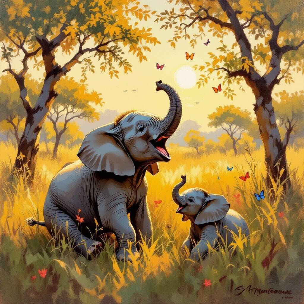 Impressionist Baby Elephant Yawning in Savanna