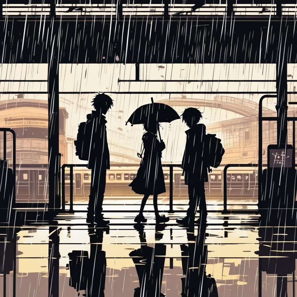 Lovers Reuniting in Rain: Anime-Style Silhouette