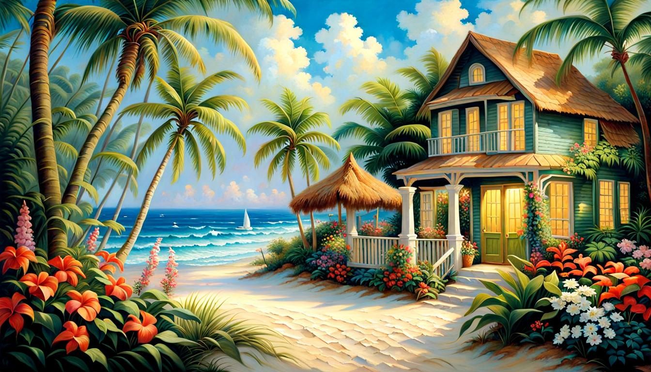 Tropical Beach Cottage: Oil Painting in Complementary Colors