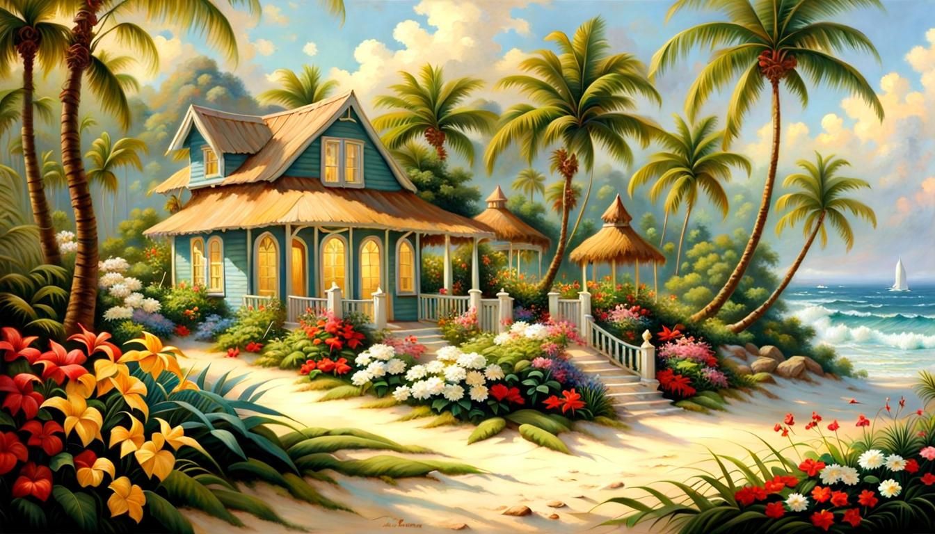 Tropical Beach Cottage Oil Painting