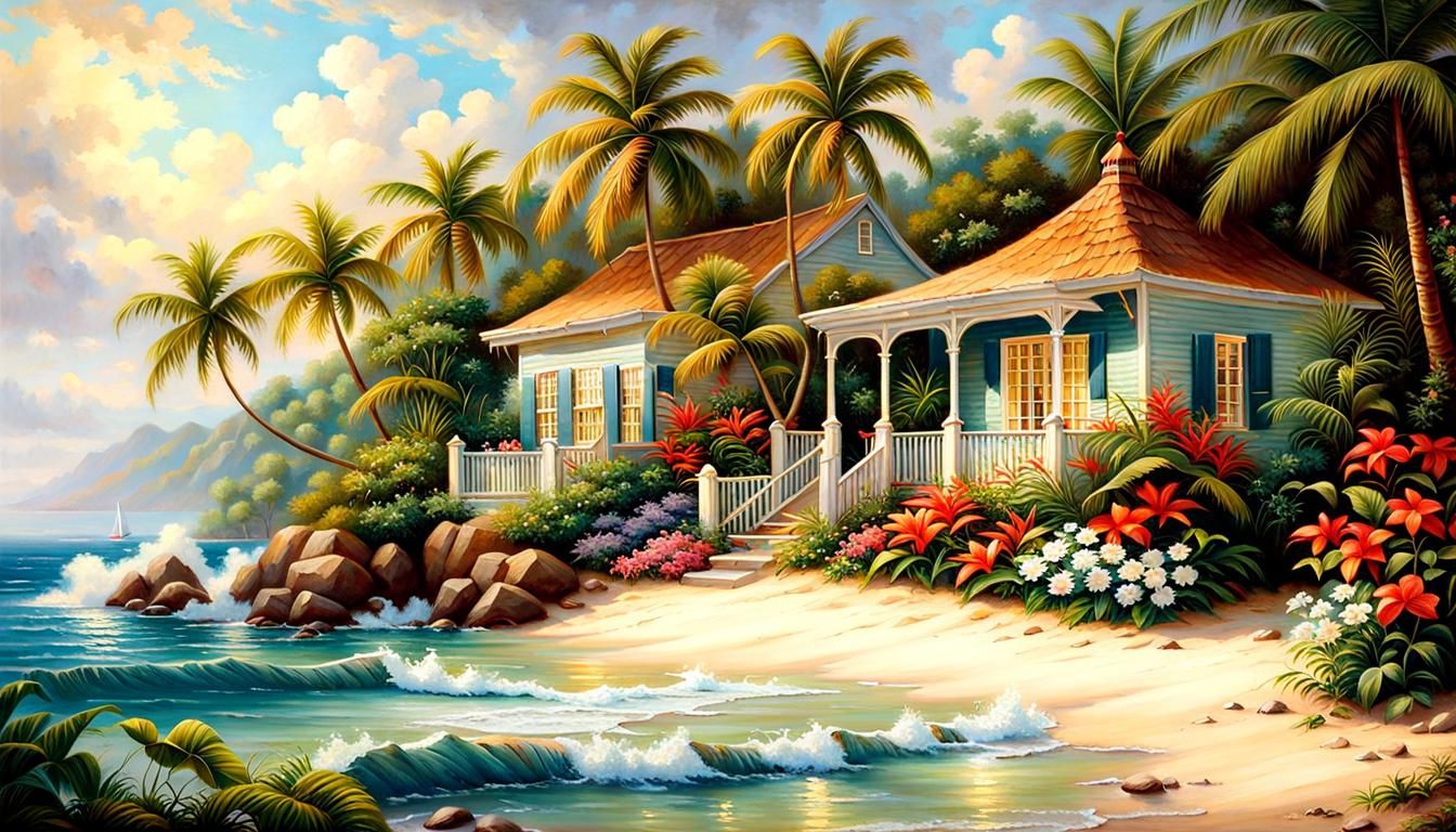 Tropical Beach Cottage: Award-Winning Oil Painting