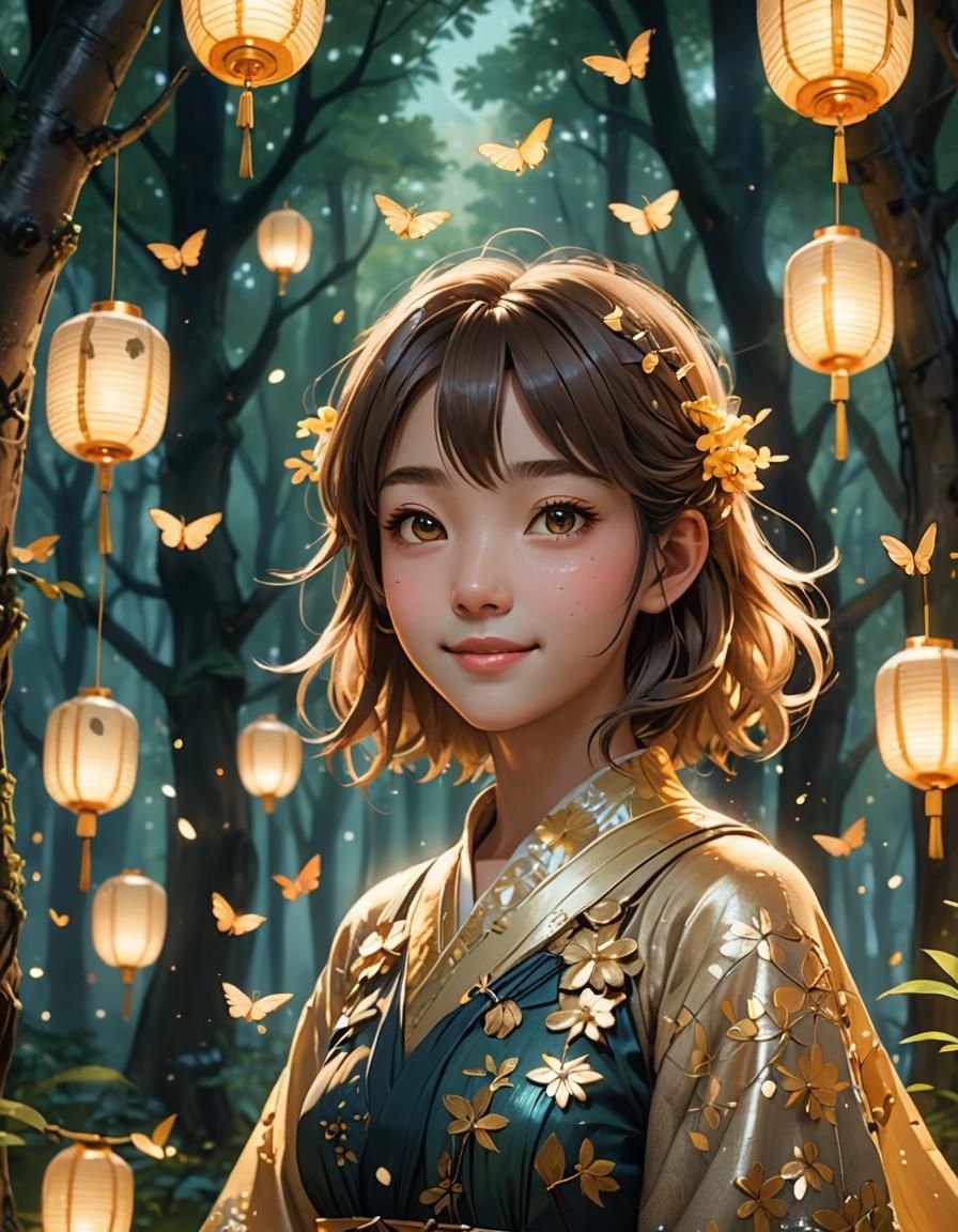 Anime Girl Portrait in Whimsical Forest, 3D Art