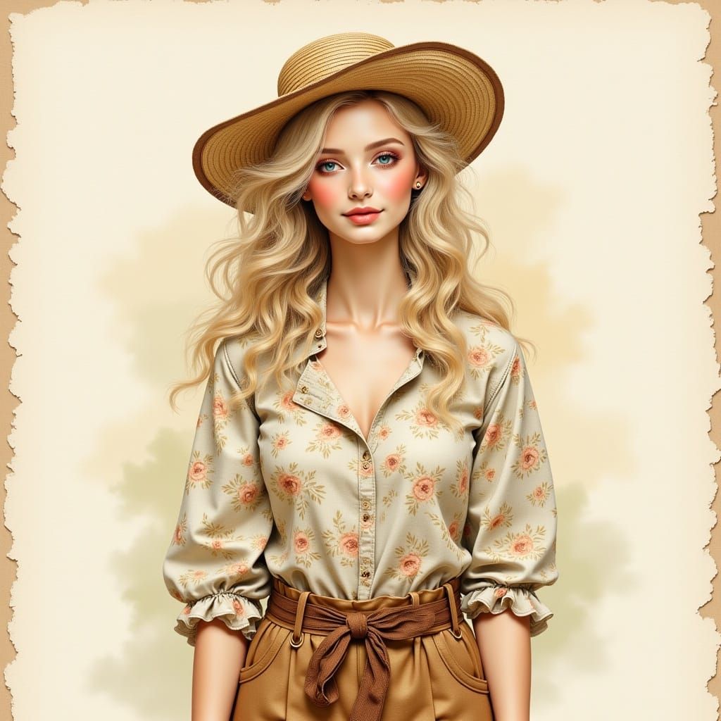 Surreal Young Woman in Whimsical Watercolor Landscape