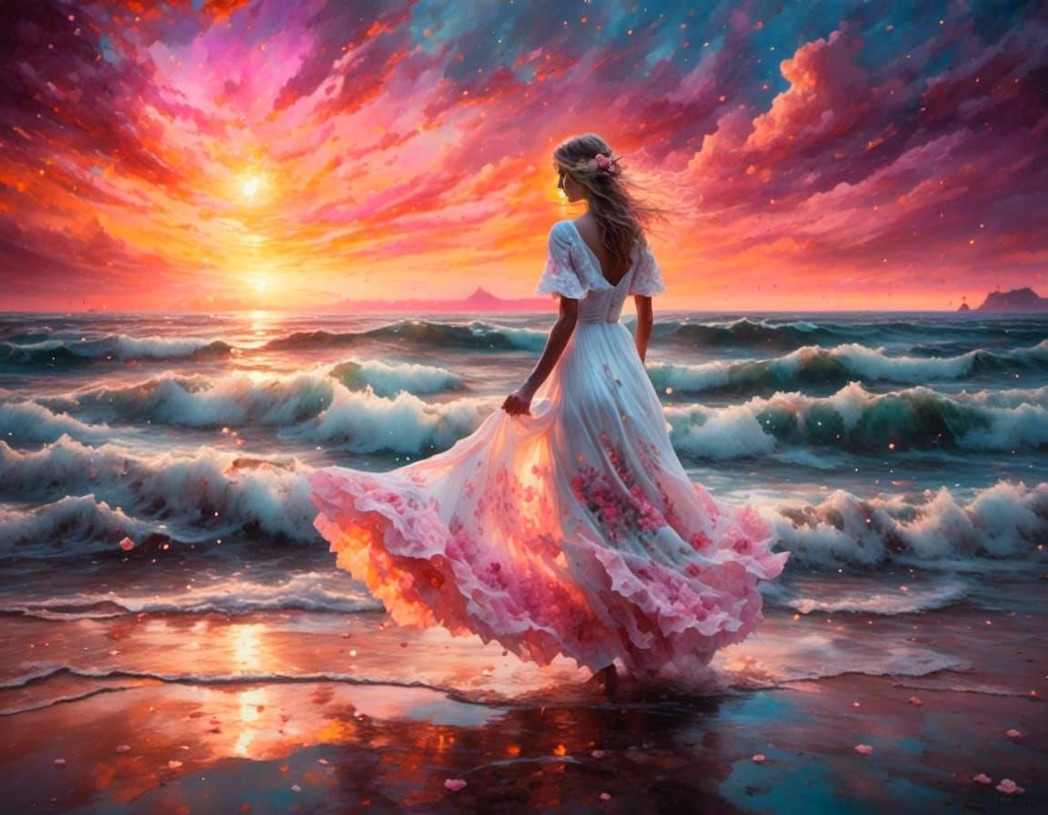 Watercolor Coastal Sunset with Woman on Beach