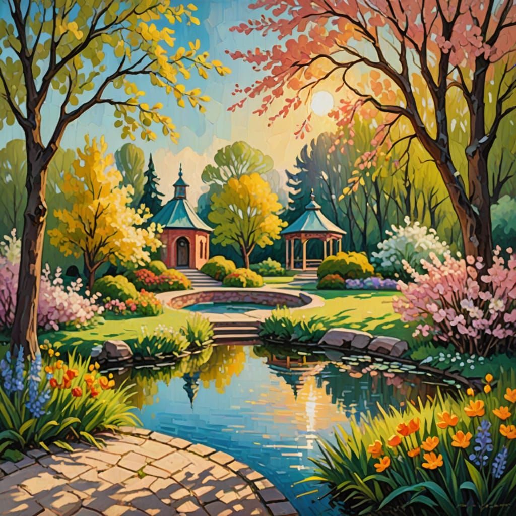 Serene Springtime Park Scene with Whimsical Brushstrokes