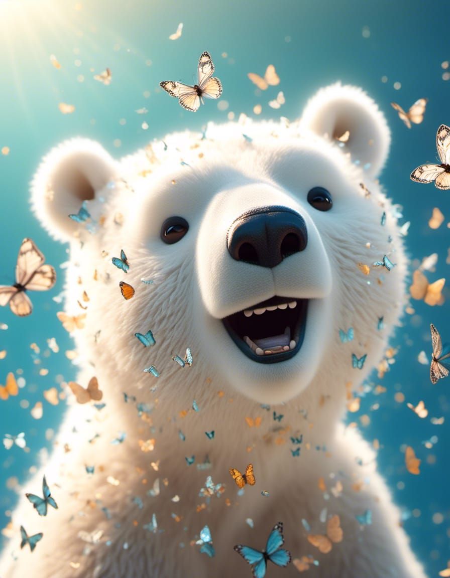 Joyful Polar Bear Cub with Butterflies