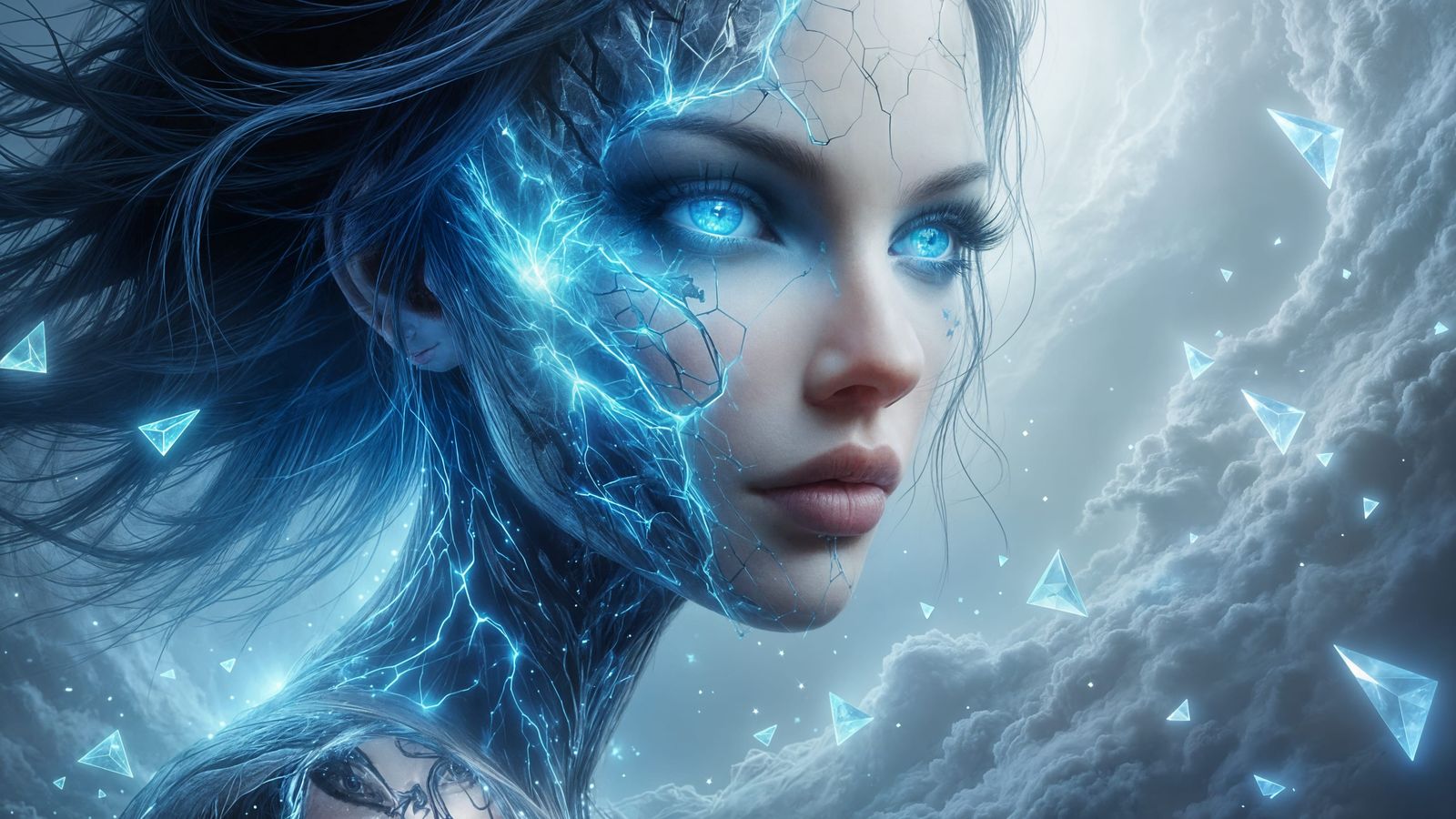 Woman's Face Emerges in a Kaleidoscope of Blues and Yellows,...