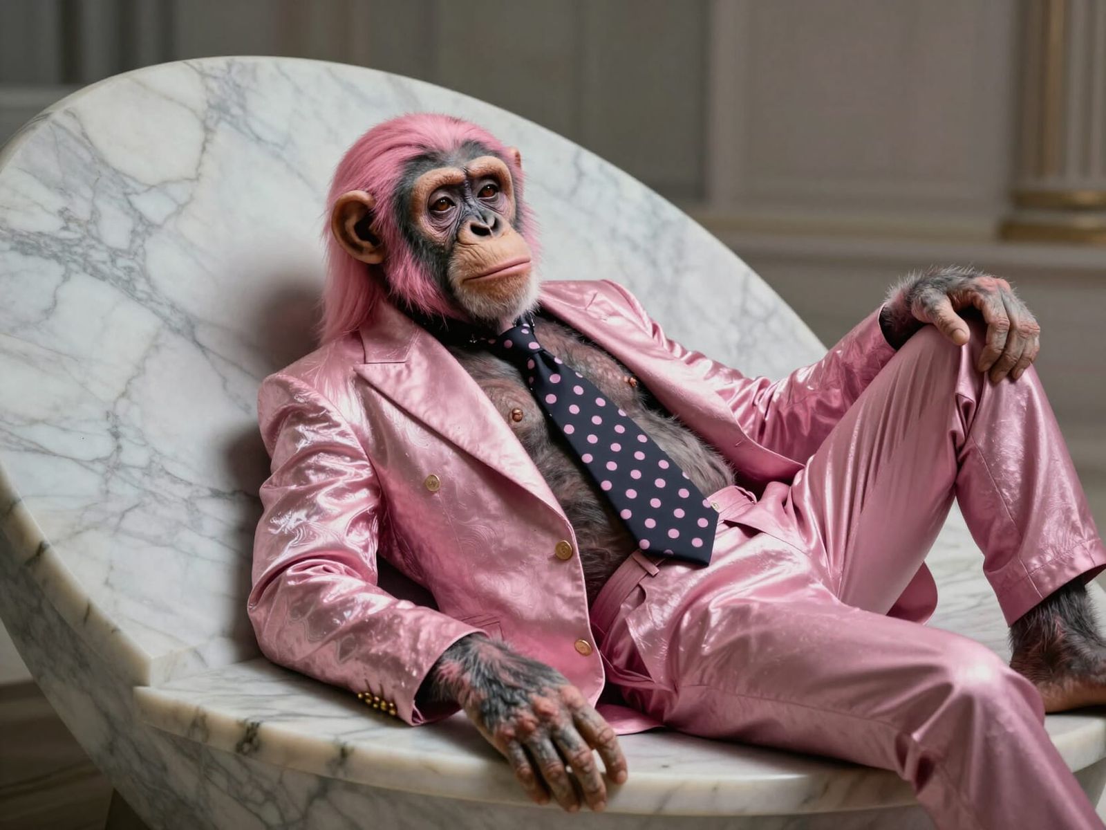 Pink Haired Chimp in Metallic Suit on Marble Arc