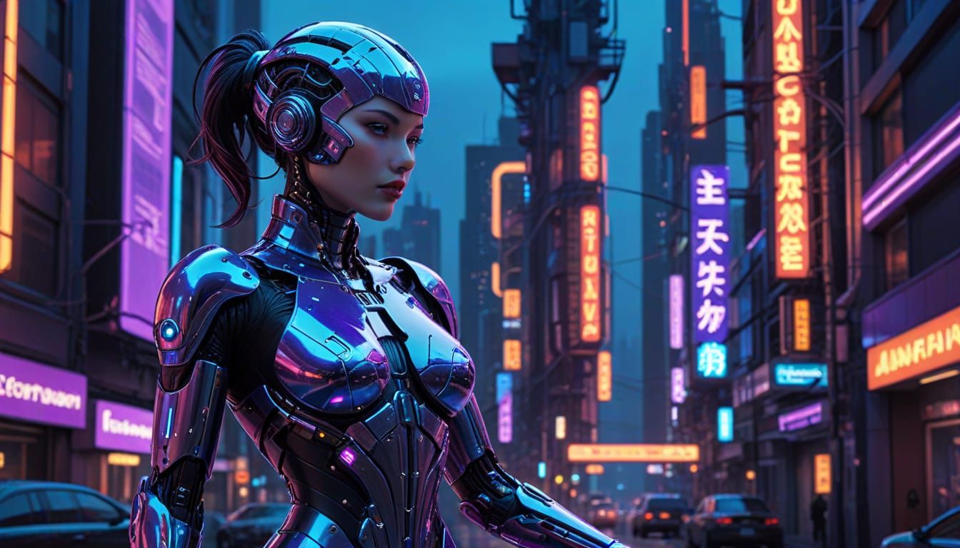 Cyberpunk Android Glamour: Neon Cityscape Portrait